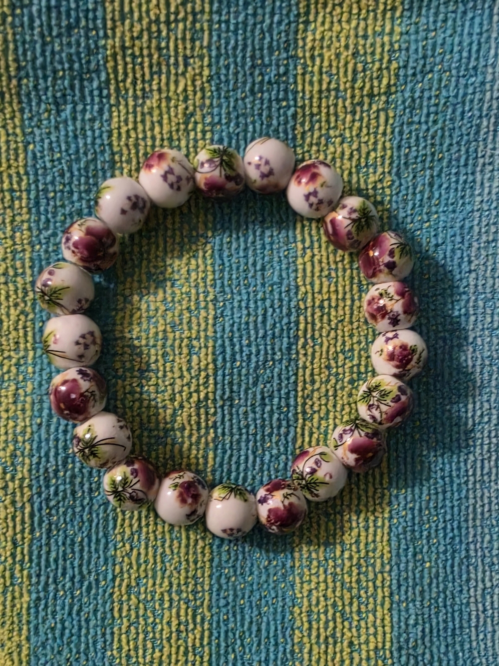 Floral Porcelain Bead Stretch Bracelet - White and Purple